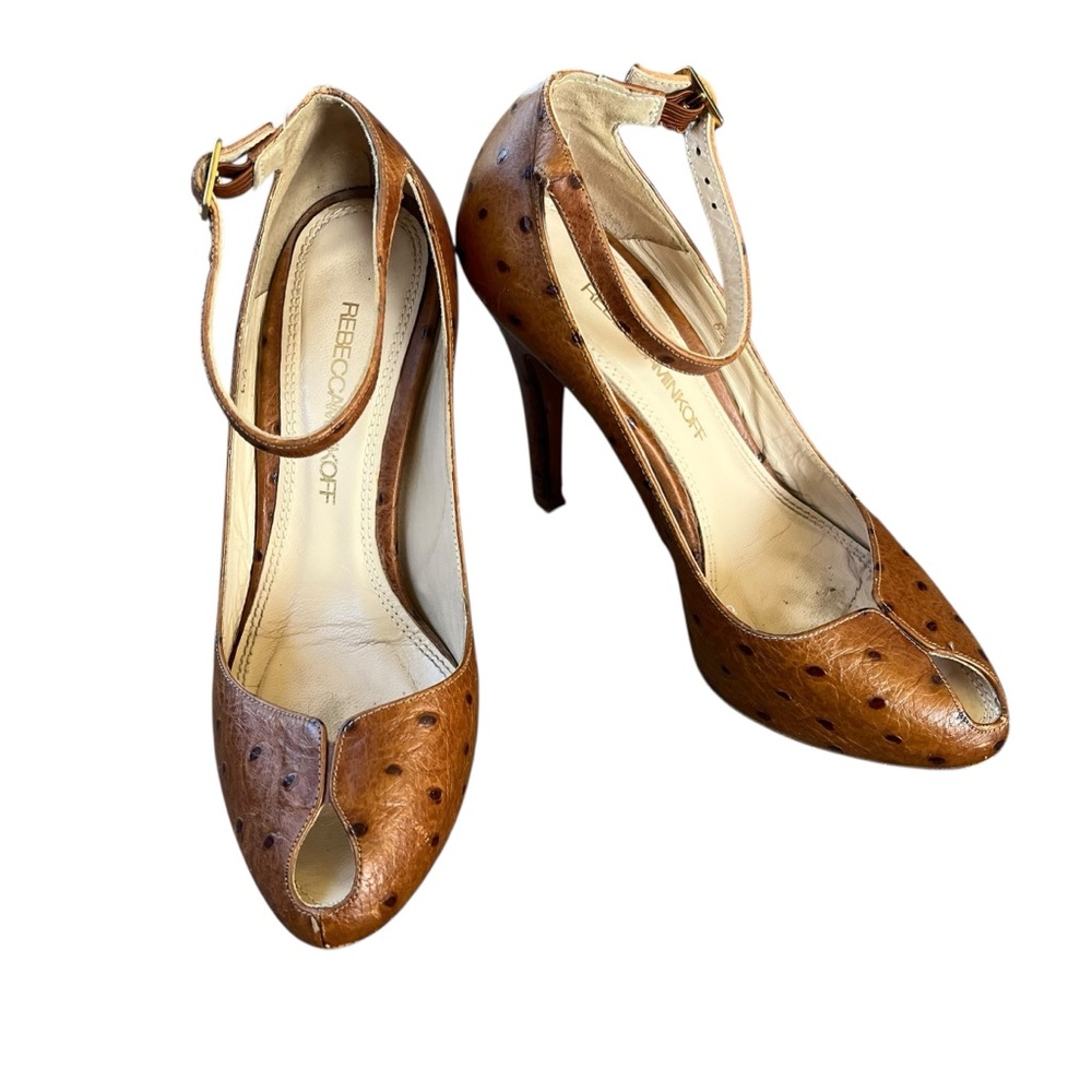 Rebecca Minkoff Ostrich Embossed Peep Toe Ankle Strap High Heels Brown Size 6.5
